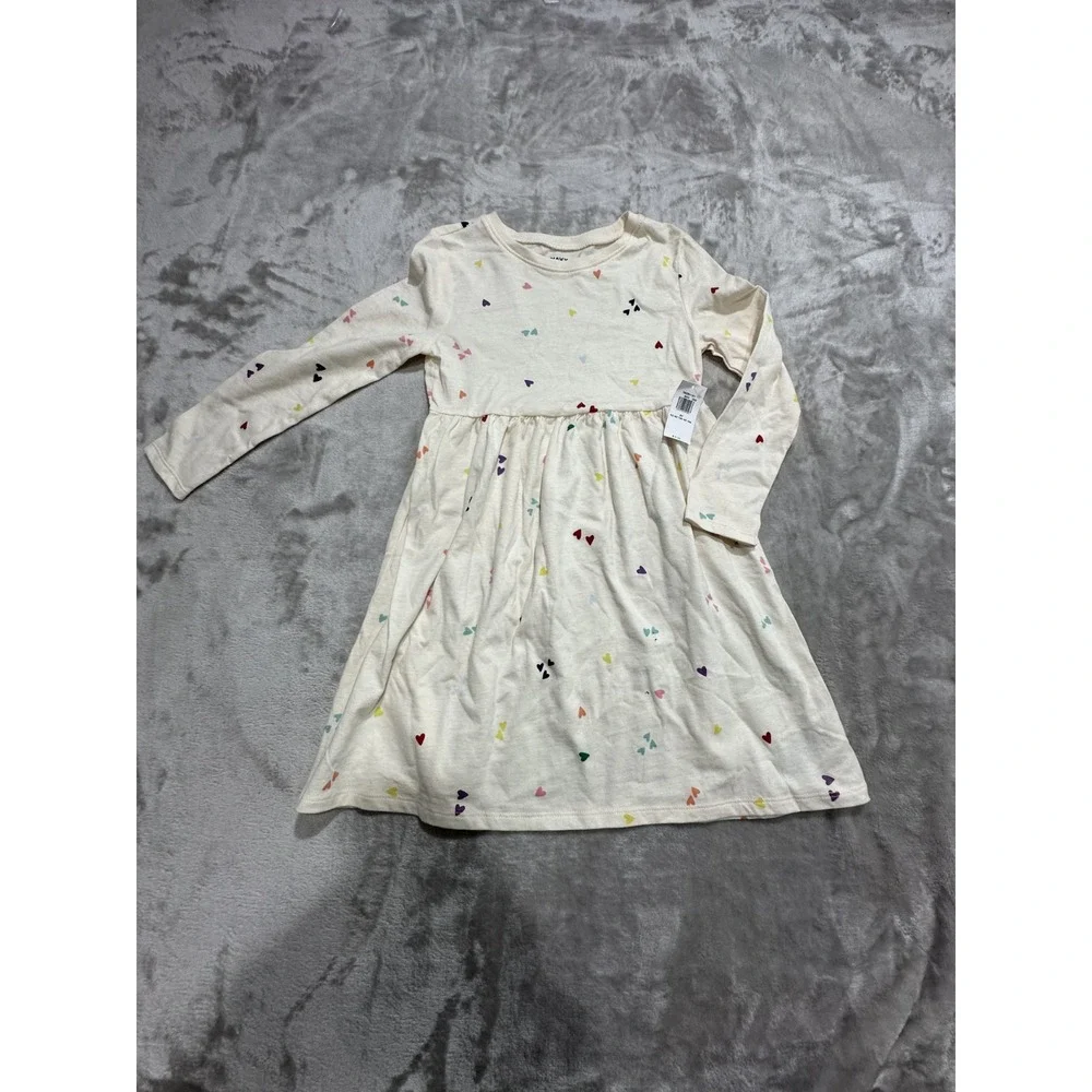 Old Navy Dress Girls Size 5T Off White Multicolor Hearts Long Sleeve New W/ Tags